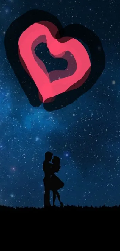 Couple silhouetted under a starry sky with a heart-shaped moon.