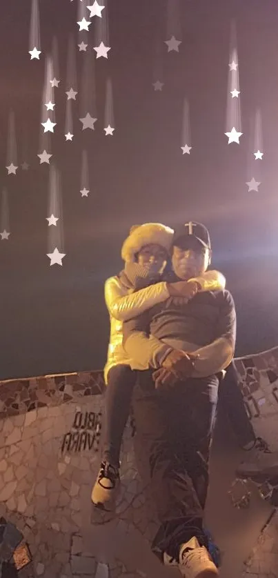 Couple embracing under a starry night sky with a mosaic backdrop.