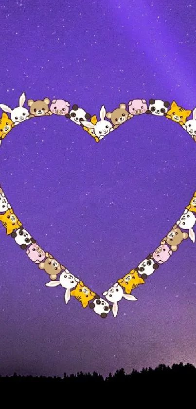 Purple night sky with animal heart design wallpaper.