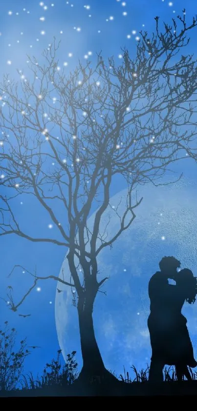 Romantic couple silhouetted under a starry night sky with a blue moon background.