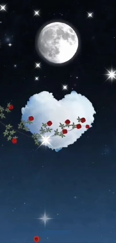 Heart-shaped cloud with red roses under moonlit starry sky.