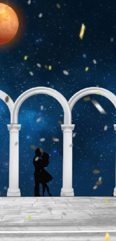 Couple silhouetted under arches with a starry sky and red moon background.