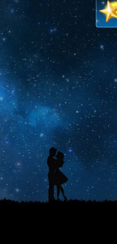 Silhouetted couple under a starry night sky.