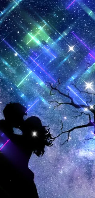 Romantic silhouette of couple under starry night sky.