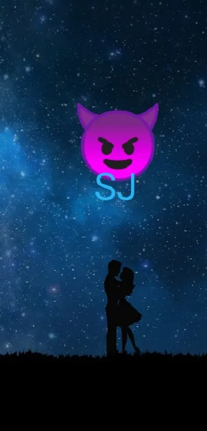 Romantic night sky wallpaper with a couple and purple emoji on a dark backdrop.