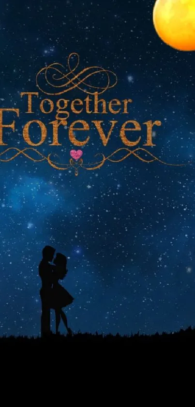 Silhouette couple kissing under moonlit starry night with 'Together Forever' text.