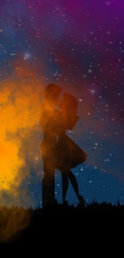 Silhouette couple embrace under a starry, cosmic night sky with vibrant colors.