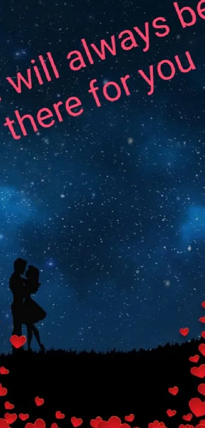 Silhouette couple under starry night sky with hearts and love quote.