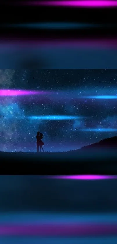 Romantic night sky with silhouetted couple and starry galaxy background.