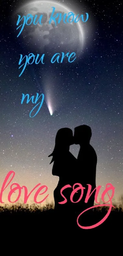 Silhouette couple under starry sky with love message.