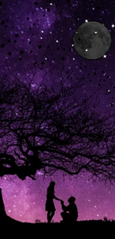 Romantic night sky with silhouetted couple, stars, and purple galaxy.