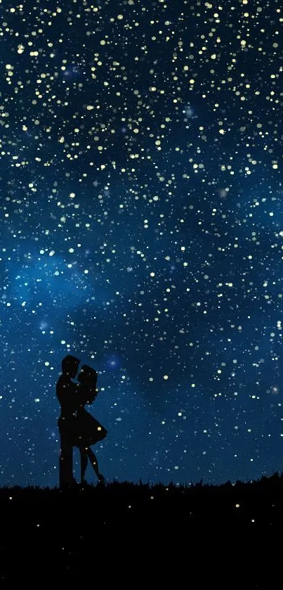 Silhouette of a couple under a starry night sky with tree and landscape.