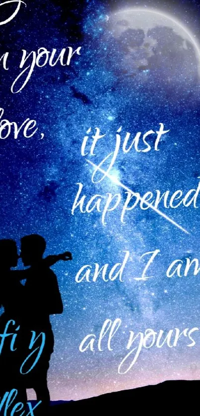 Silhouetted couple under a romantic starry night sky with a bright moon.