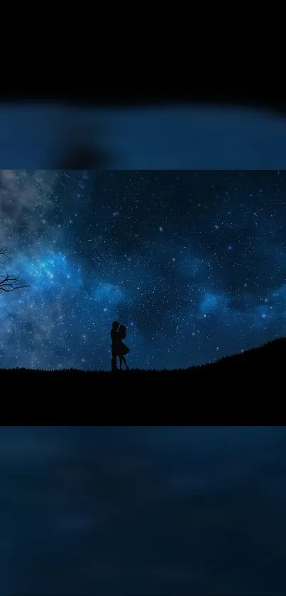 Silhouetted couple under starry night sky with cosmic background.