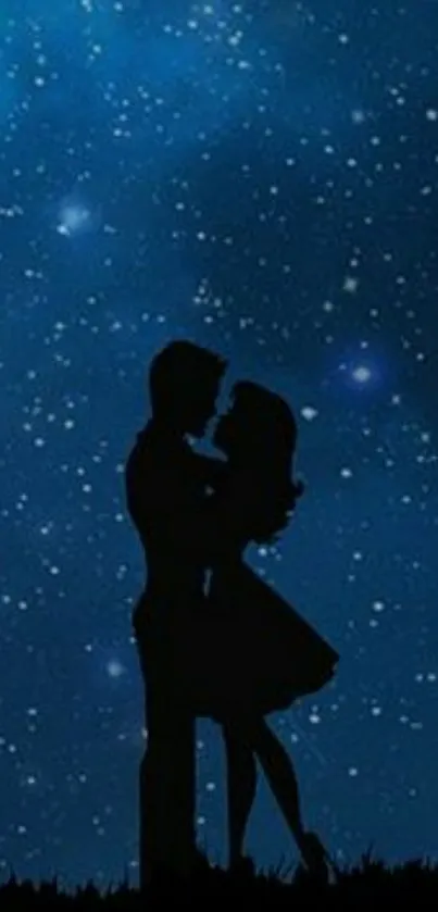 Silhouette couple under a starry night sky wallpaper.