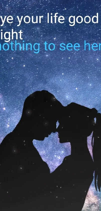 Couple silhouette against starry night galaxy with romantic text.