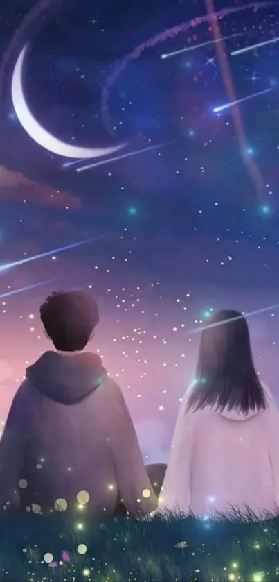 Romantic couple under a crescent moon and starry sky.