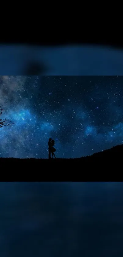 Couple silhouette under a starry night sky with cosmic backdrop.