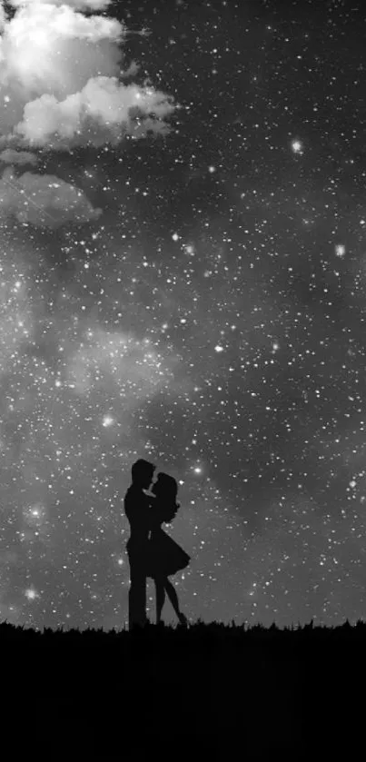 Silhouetted couple embraces under a starry sky with a tree and cosmic backdrop.