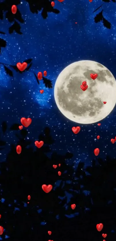 Romantic full moon with red hearts in a starry night sky background.