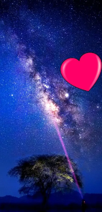 Romantic galaxy wallpaper with pink heart under starlit sky.