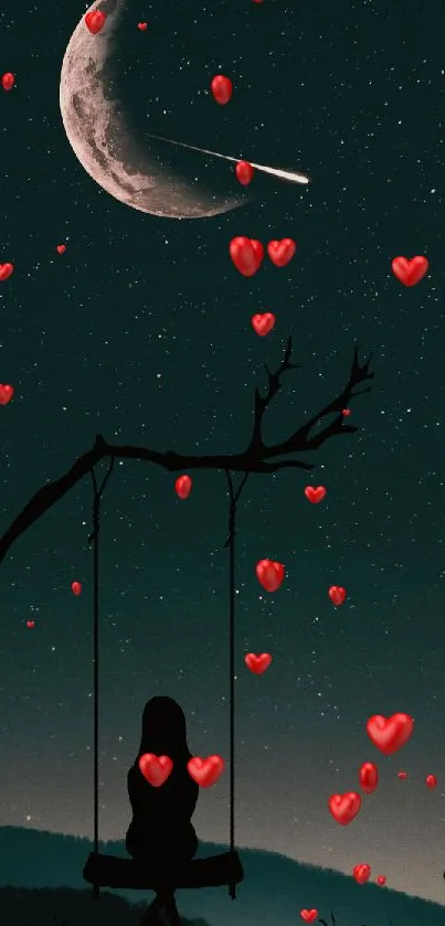 Silhouette on swing under crescent moon with red hearts.