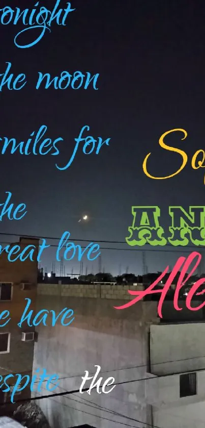 Romantic night sky with moon and text overlay.