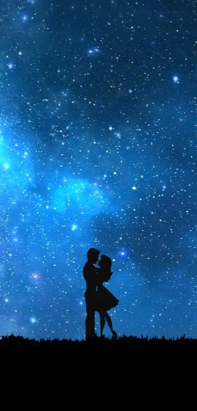 Silhouetted couple under a starry night sky with a cosmic blue backdrop.