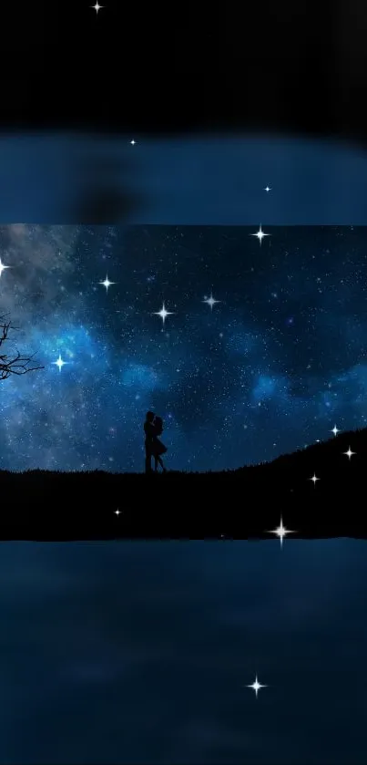 Silhouette couple under a starry night sky on mobile wallpaper.