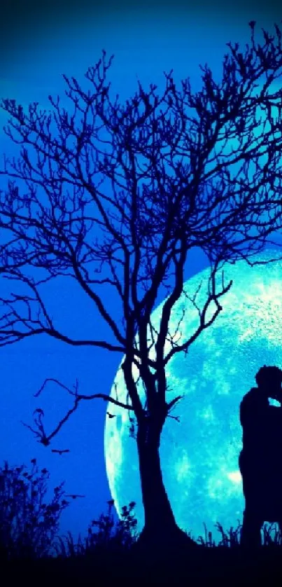 Romantic silhouette under blue moon wallpaper.