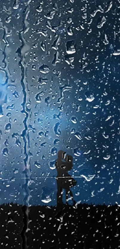 Silhouetted couple under starry night sky with tree.