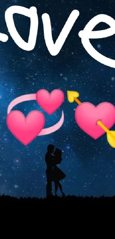 Romantic scene with couple silhouetted against a starry night sky and love symbols.