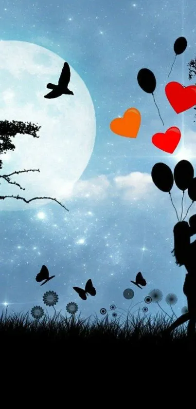 Romantic silhouette couple with balloons under a starry night sky and full moon.