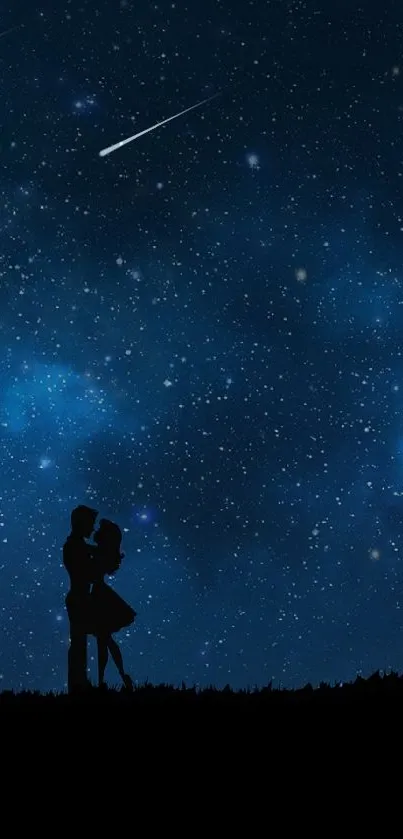 Silhouette couple under a starry night sky with a cosmic backdrop.