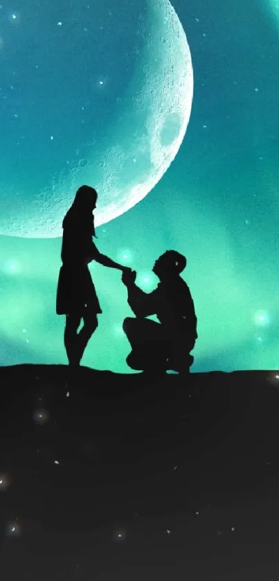 Romantic proposal under a teal aurora night sky with a crescent moon.