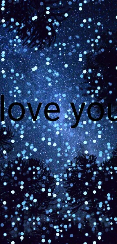 Romantic starry night sky with 'I love you' text.