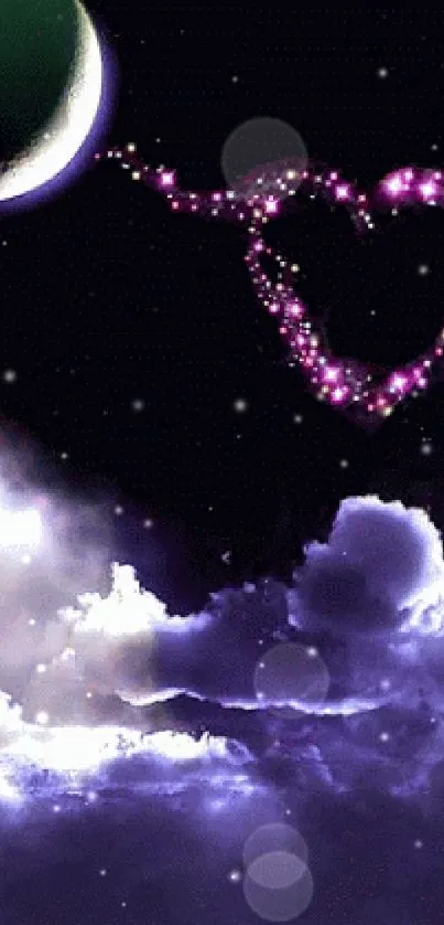 Romantic night sky wallpaper with crescent moon and heart-shaped stars.