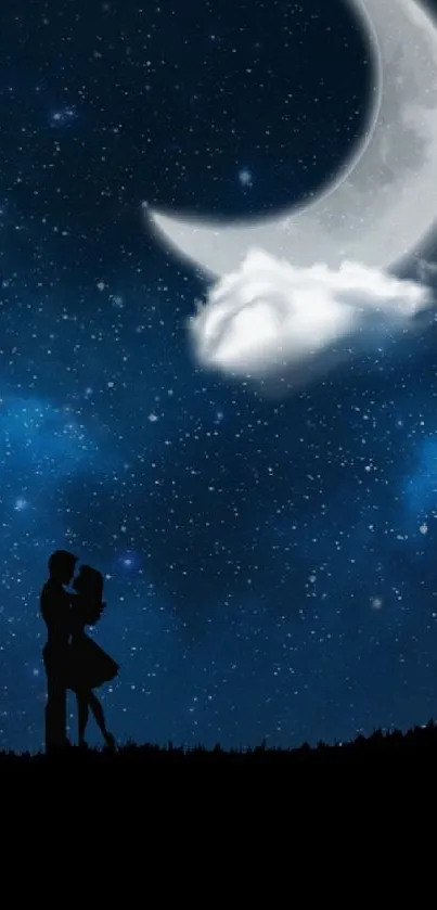 Silhouetted couple under moonlit night sky with stars.