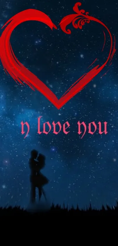 Romantic silhouette under a red heart on a starry night sky wallpaper.