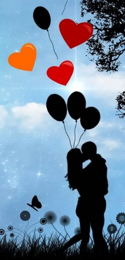 Silhouette couple under balloons in starry night sky wallpaper.