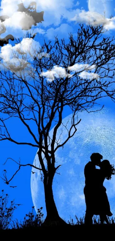 Romantic silhouette of a couple under a moonlit blue night sky with ghostly figures.