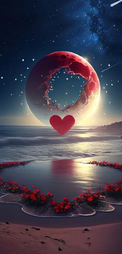 Romantic night beach scene with heart and moon.