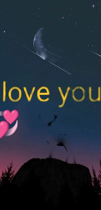 Romantic night sky wallpaper with 'I love you' message and hearts.