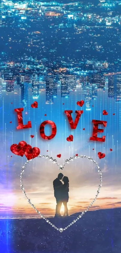 Romantic couple silhouette beneath cityscape with love motif.