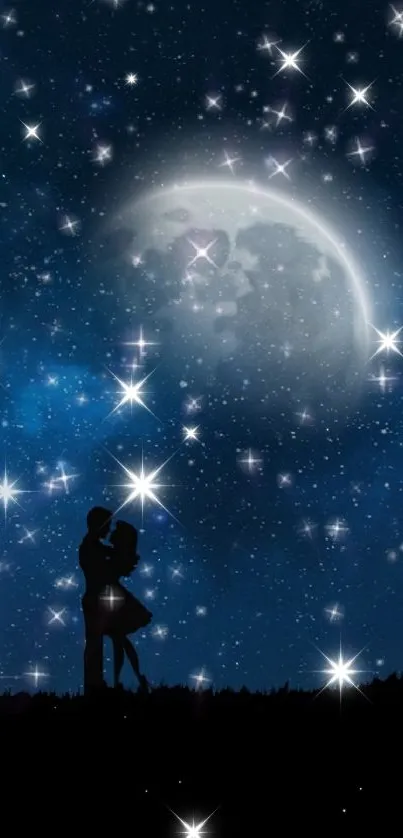 Romantic couple silhouette under starry night sky with full moon.