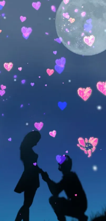 Silhouette couple under moon with heart lights.