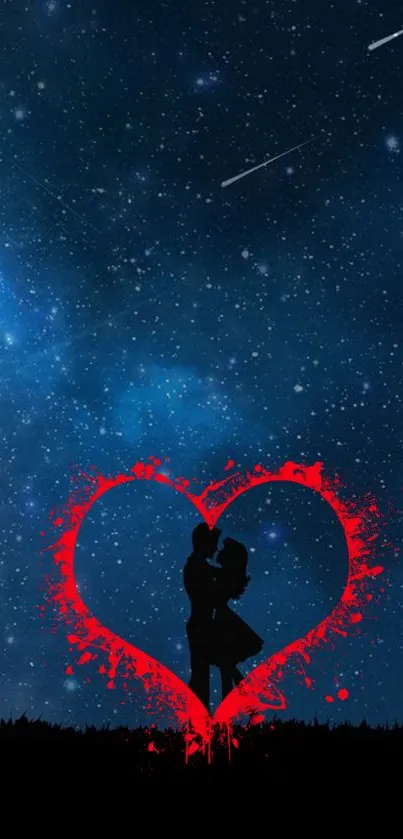 Romantic silhouette of a couple in a red heart under a starry night sky.