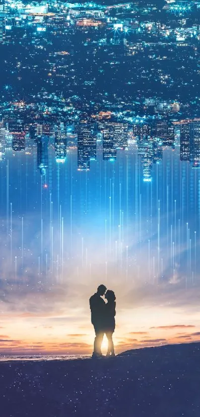 Romantic couple silhouette beneath a vibrant city skyline.