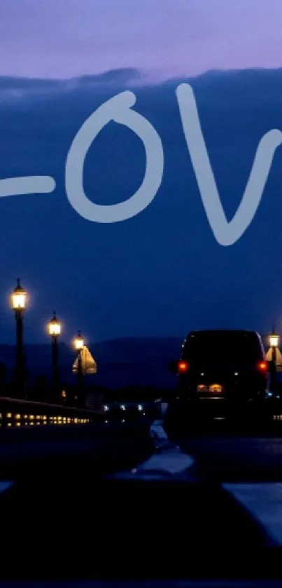 Night street with 'I Love You' message and glowing lamps.