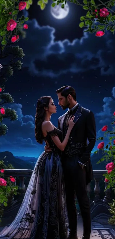 Romantic couple under moonlight surrounded by roses.